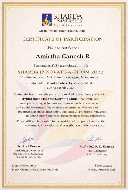 Sharda University Hackathon Certificate